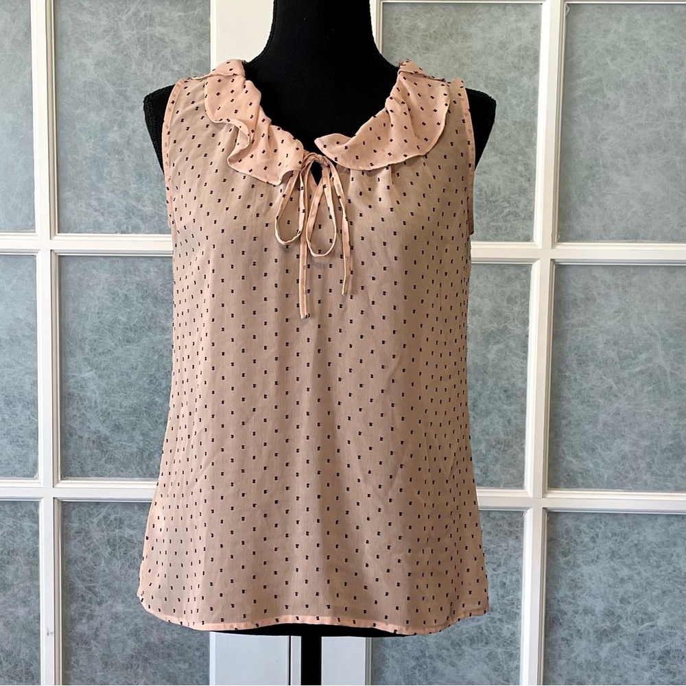 LOFT Size XS Sheer Ruffle Neck‎ Blush Pink/Black Dot Sleeveless Blouse Feminine